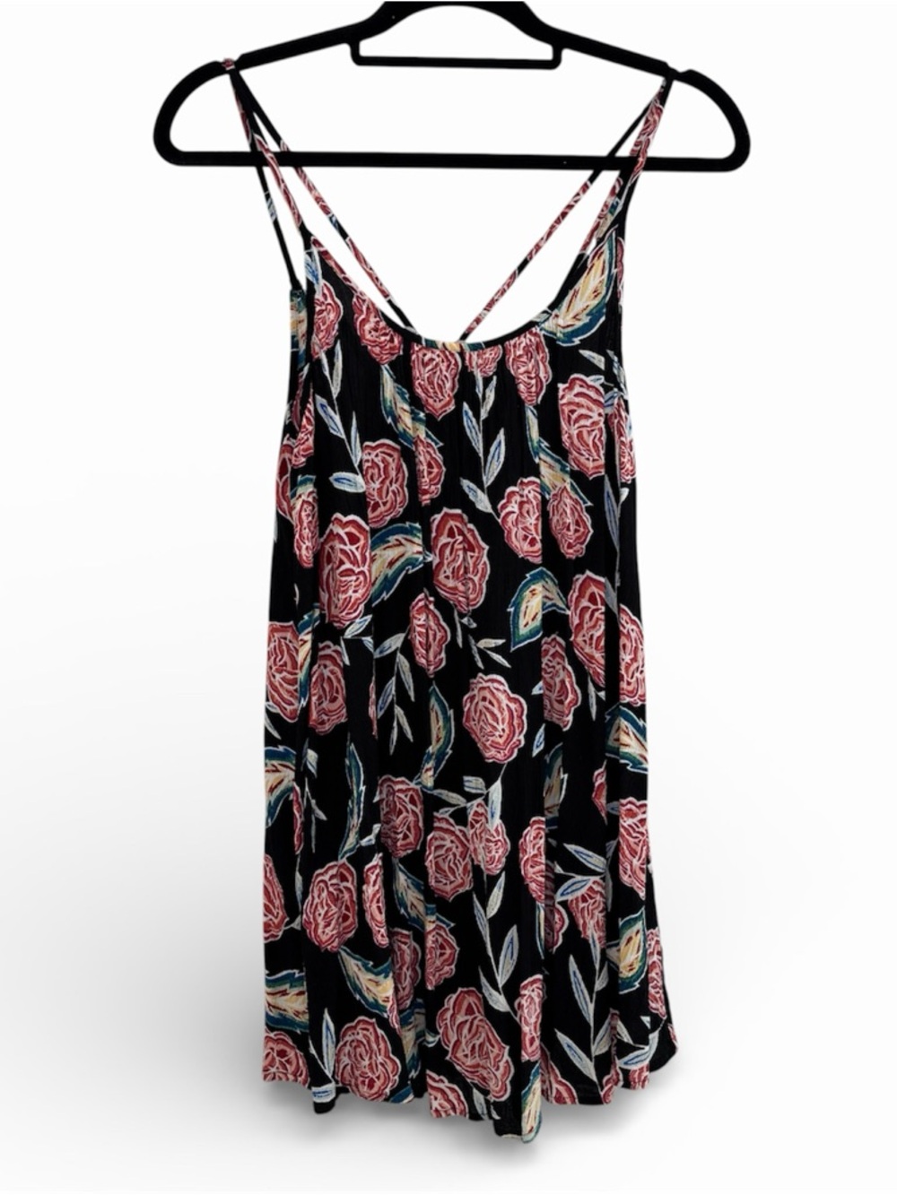 Roxy Womens Floral Spaghetti Strap Swing Dress Size M Black Pink Beach Cover Up
